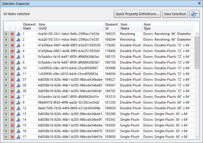 Selection inspector with unique identifiers